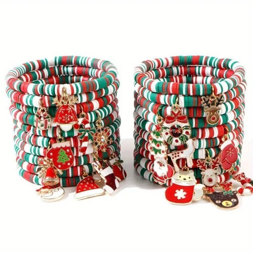 Random 10pcs Bohemian Style Christmas Heishi Adjustable Elastic Bracelet Set